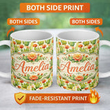 Personalized Custom Name Warm Desert Cactus Orange Blossoms Watercolor Seamless Pattern 11oz Ceramic Coffee Tea Mug White Large Handle