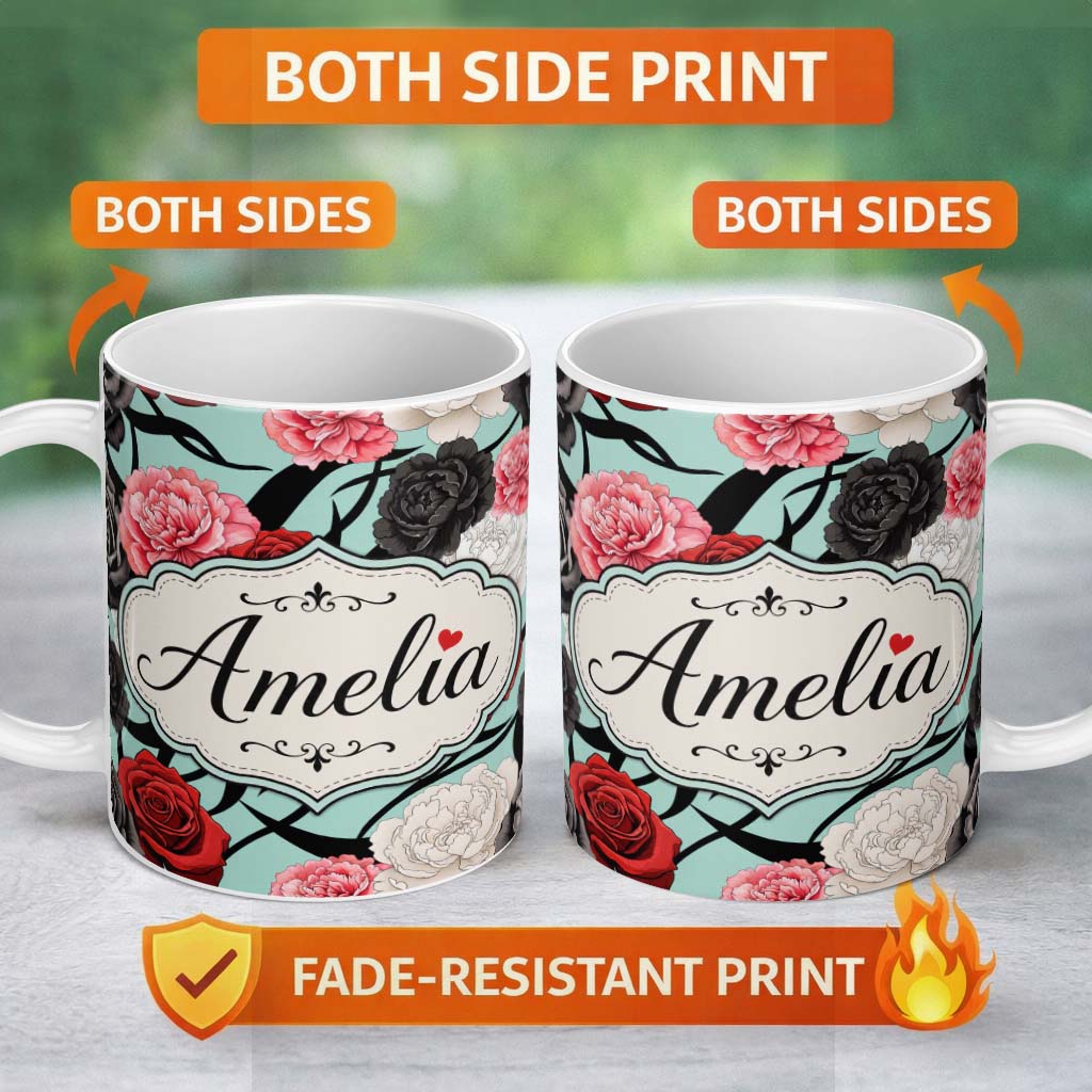 Personalized Custom Name Elegant Rose Floral with Black Red and White Flowers on Teal Lovely 11oz Ceramic Coffee Tea Mug White Large Handle
