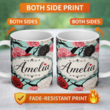 Personalized Custom Name Elegant Rose Floral with Black Red and White Flowers on Teal Lovely 11oz Ceramic Coffee Tea Mug White Large Handle