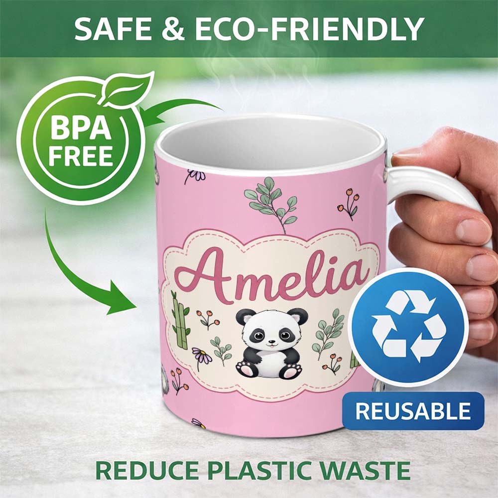 Personalized Custom Name Cute Panda Bear with Bamboo Leaves Floral Seamless Pattern Soft Pink 11oz Ceramic Coffee Tea Mug White Large Handle