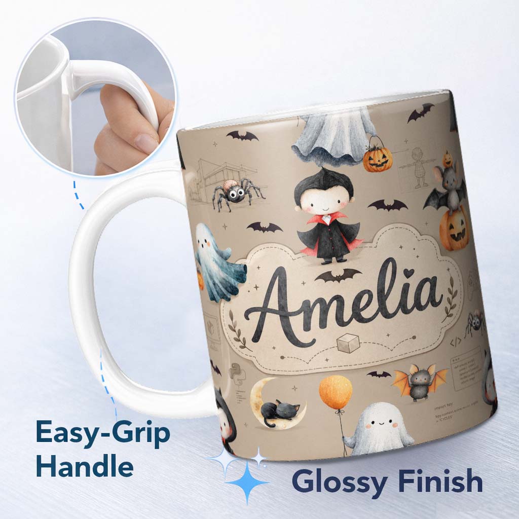 Personalized Custom Name Halloween Vampire Ghost Bat Spooky Character Taupe Seamless Pattern 11oz Ceramic Coffee Tea Mug White Large Handle