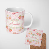 Personalized Custom Name Strawberry Cherry Daisy Seamless Pattern Soft Pink Cute Coquette 11oz Ceramic Coffee Tea Mug White Large Handle