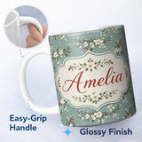 Personalized Custom Name Soft Blue Floral and Berry Sprigs Seamless Pattern with Polka Dots 11oz Ceramic Coffee Tea Mug White Large Handle