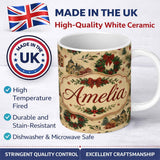 Personalized Custom Name Classic Christmas Wreaths Bows Village Houses Festive Holiday Design 11oz Ceramic Coffee Tea Mug White Large Handle