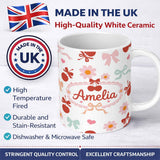 Personalized Custom Name Cute Cherry Bow Daisy Heart Seamless Pattern on Pale Blush Pink 11oz Ceramic Coffee Tea Mug White Large Handle