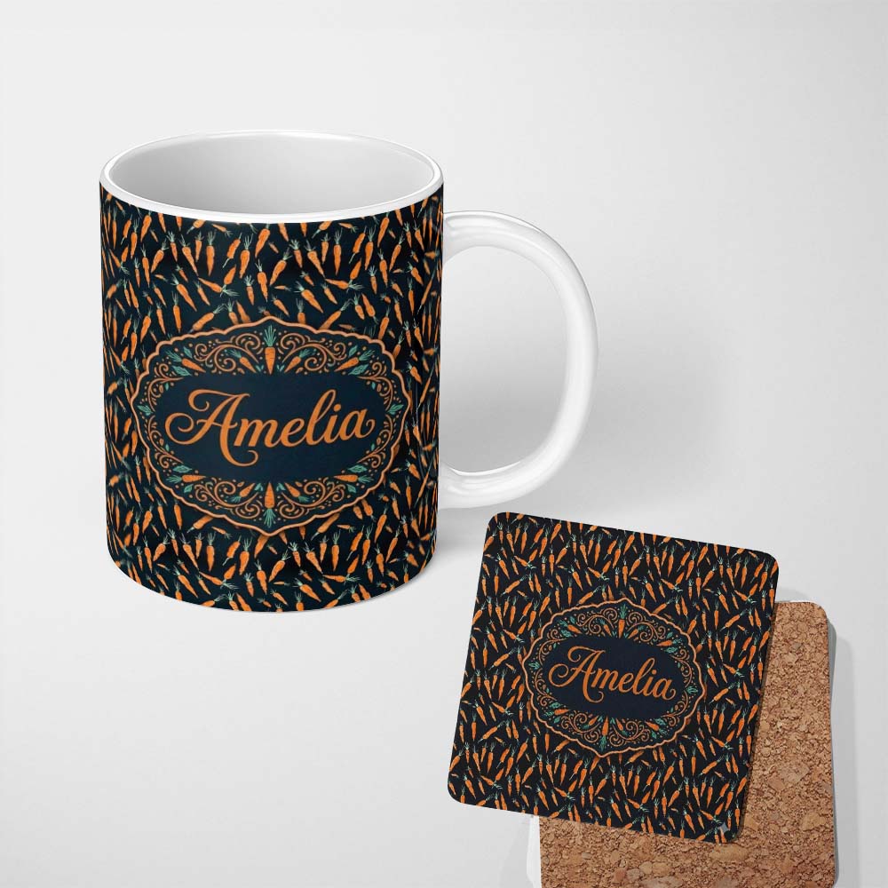 Personalized Custom Name Night Sky Carrot Tossed Pattern Dark Background Playful Seamless 11oz Ceramic Coffee Tea Mug White Large Handle