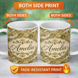 Personalized Custom Name Elegant White Doves with Vintage Floral Background Seamless Pattern 11oz Ceramic Coffee Tea Mug White Large Handle