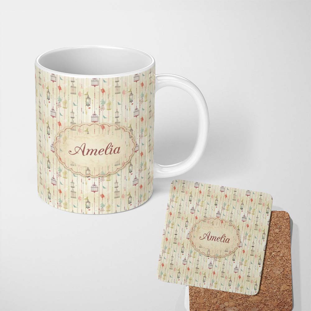Personalized Custom Name Elegant Birdcage Floral Hanging Stripes Seamless Pattern Lovely 11oz Ceramic Coffee Tea Mug White Large Handle