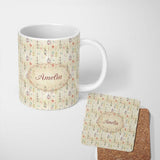 Personalized Custom Name Elegant Birdcage Floral Hanging Stripes Seamless Pattern Lovely 11oz Ceramic Coffee Tea Mug White Large Handle
