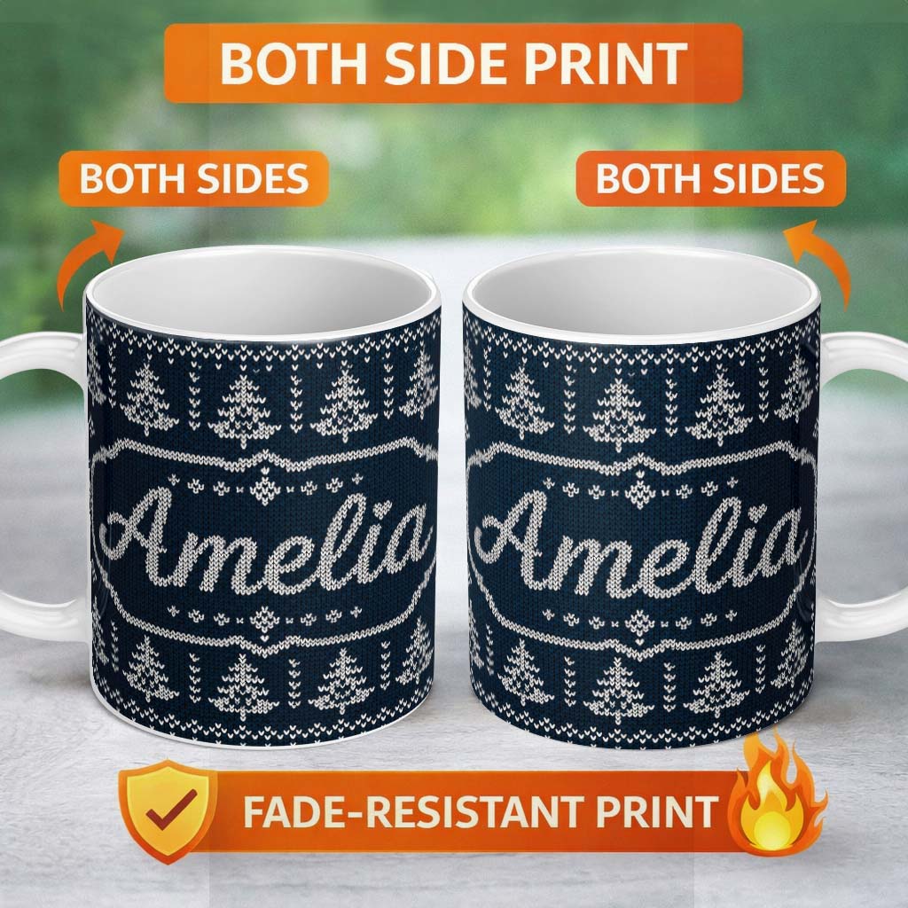Personalized Custom Name Navy Blue Christmas Tree Heart Knitted Seamless Pattern Lovely 11oz Ceramic Coffee Tea Mug White Large Handle