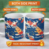 Personalized Custom Name Elegant Japanese Koi Fish with Cherry Blossom Waves Traditional 11oz Ceramic Coffee Tea Mug White Large Handle