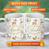 Personalized Custom Name Cute Woodland Forest Animals Bear Bunny Deer Seamless on Blue Lovely 11oz Ceramic Coffee Tea Mug White Large Handle