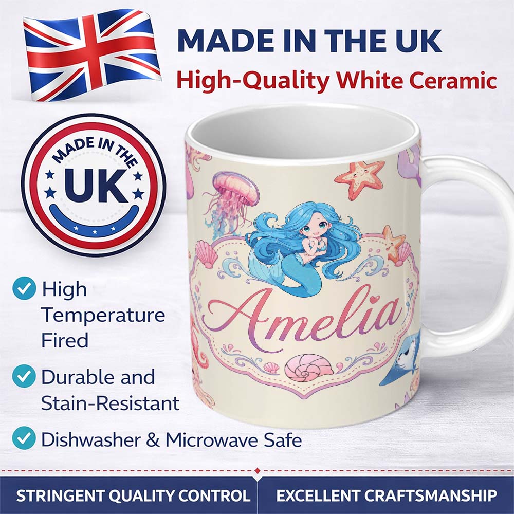 Personalized Custom Name Cute Cartoon Mermaid and Sea Creatures Seamless Pattern Lovely 11oz Ceramic Coffee Tea Mug White Large Handle