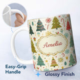 Personalized Custom Name Whimsical Christmas Trees Candy Canes Snowflakes Holiday Seamless 11oz Ceramic Coffee Tea Mug White Large Handle