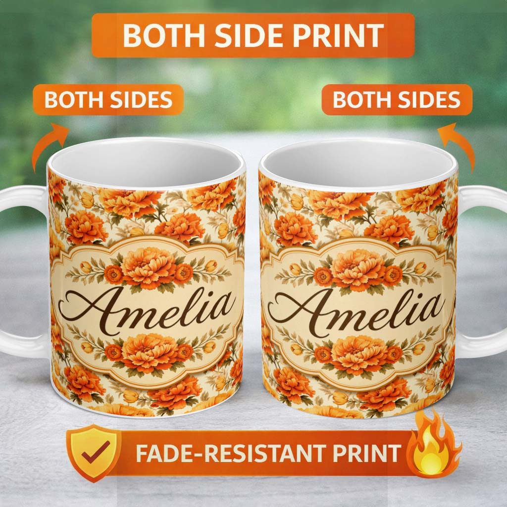 Personalized Custom Name Large Orange and Cream Chrysanthemum Floral Seamless Pattern Bold 11oz Ceramic Coffee Tea Mug White Large Handle