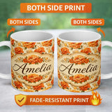 Personalized Custom Name Large Orange and Cream Chrysanthemum Floral Seamless Pattern Bold 11oz Ceramic Coffee Tea Mug White Large Handle