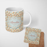 Personalized Custom Name Vintage Cream Puff Dessert Repeating Pattern Soft Pastel Seamless 11oz Ceramic Coffee Tea Mug White Large Handle