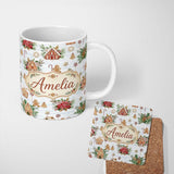 Personalized Custom Name Gingerbread Houses Candy Canes Winter Treats Seamless Pattern Lovely 11oz Ceramic Coffee Tea Mug White Large Handle