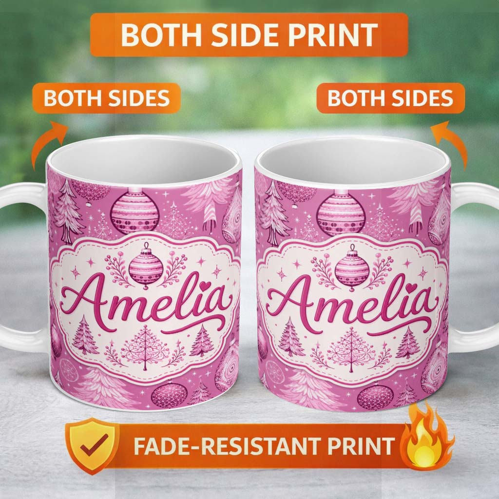 Personalized Custom Name Cute Pink Christmas Trees Ornaments Festive Seamless Pattern Lovely 11oz Ceramic Coffee Tea Mug White Large Handle