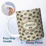 Personalized Custom Name Vintage Sepia Toned Venetian Masks with Artistic Texture Seamless 11oz Ceramic Coffee Tea Mug White Large Handle