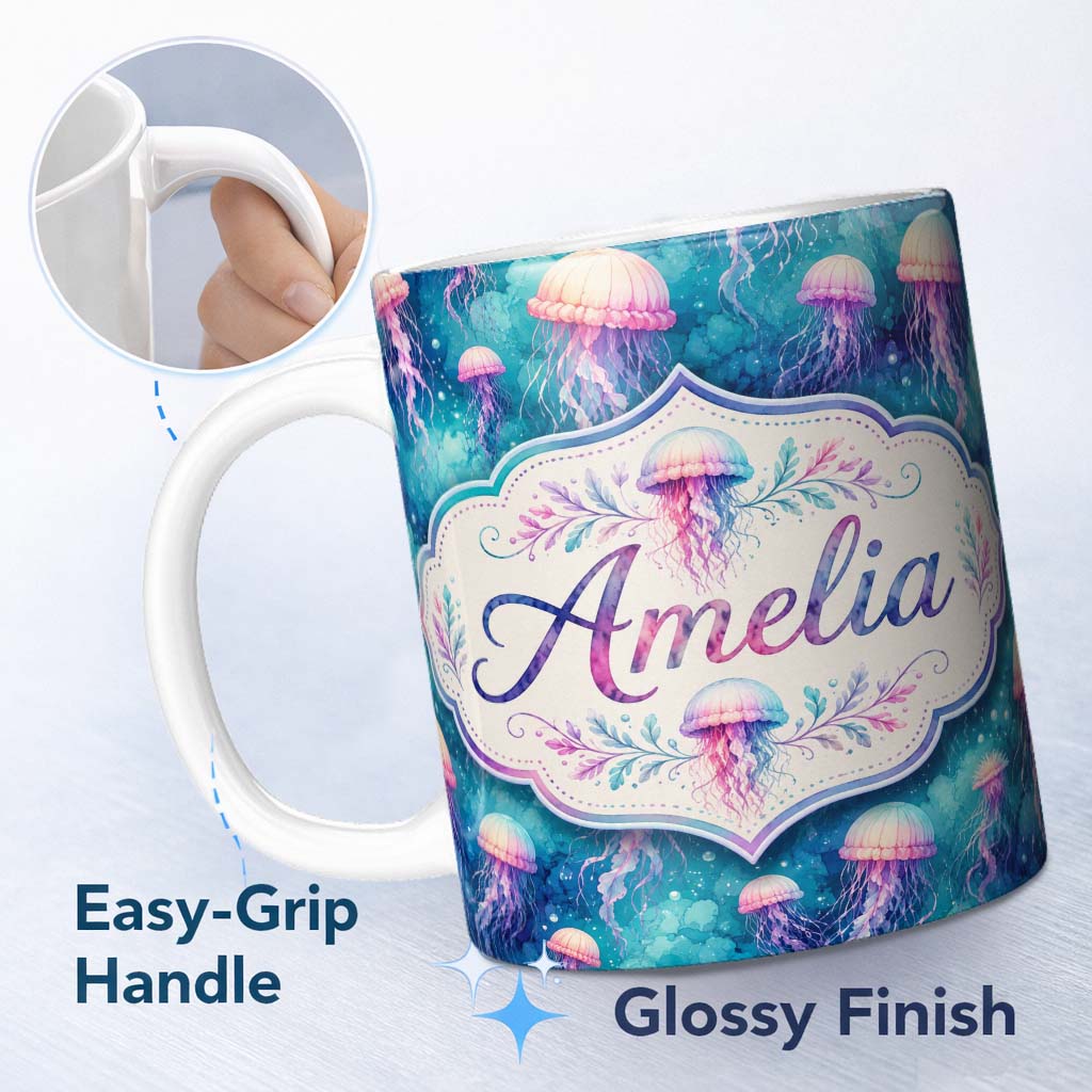 Personalized Custom Name Dreamy Pink Jellyfish Floating in Turquoise Water Seamless Pattern 11oz Ceramic Coffee Tea Mug White Large Handle