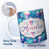 Personalized Custom Name Dreamy Pink Jellyfish Floating in Turquoise Water Seamless Pattern 11oz Ceramic Coffee Tea Mug White Large Handle