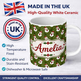 Personalized Custom Name Cute Snowman Winter Forest Snowfall Seamless Pattern Lovely 11oz Ceramic Coffee Tea Mug White Large Handle