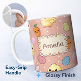 Personalized Custom Name Cute Easter Bunny Chick Carrots Eggs Polka Dot Pattern Beige Lovely 11oz Ceramic Coffee Tea Mug White Large Handle