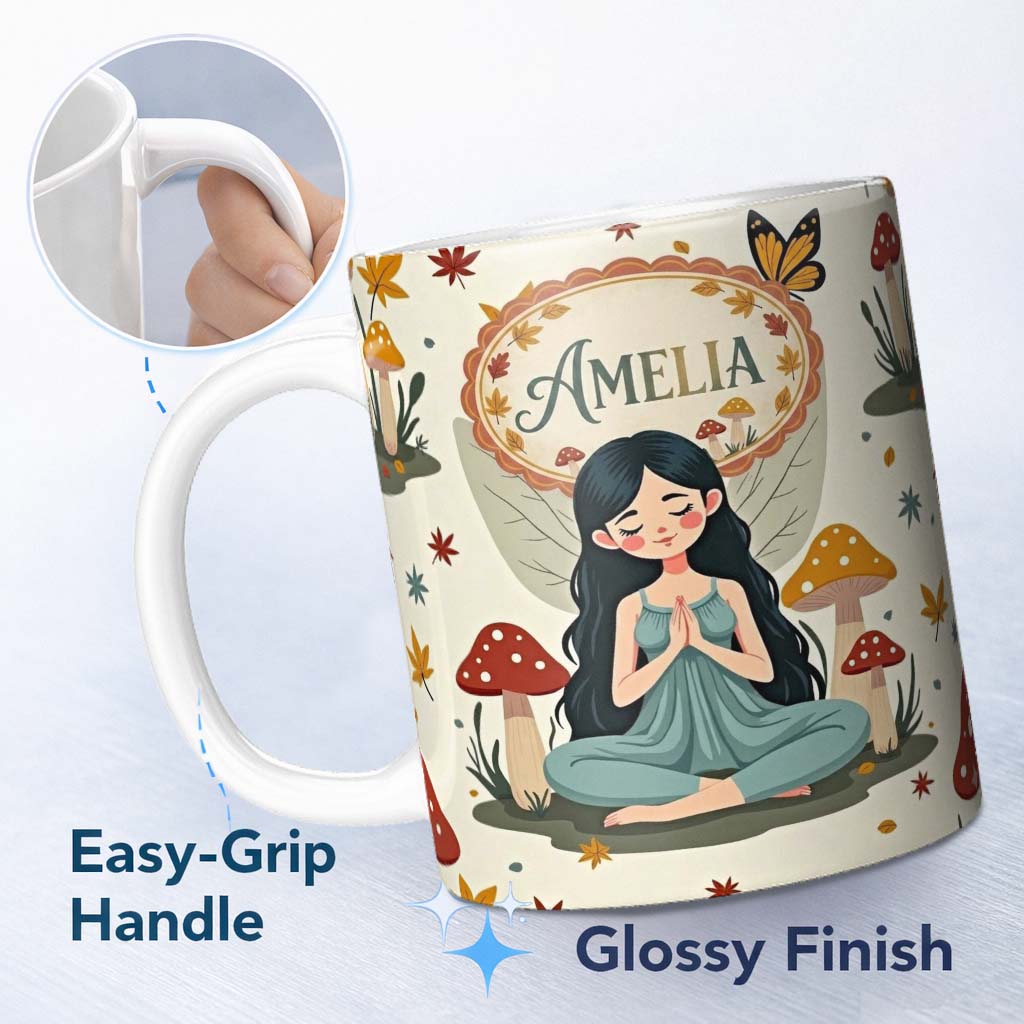 Personalized Custom Name Cute Fairy with Mushrooms Butterflies Autumn Leaves Seamless Pattern 11oz Ceramic Coffee Tea Mug White Large Handle