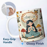 Personalized Custom Name Cute Fairy with Mushrooms Butterflies Autumn Leaves Seamless Pattern 11oz Ceramic Coffee Tea Mug White Large Handle