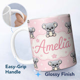 Personalized Custom Name Cute Koala Bears with Stars Soft Pink Background Seamless Pattern 11oz Ceramic Coffee Tea Mug White Large Handle