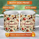 Personalized Custom Name Festive Reindeer Stars Baubles Holly Seamless Pattern Christmas 11oz Ceramic Coffee Tea Mug White Large Handle