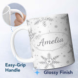 Personalized Custom Name Black Snowflake Sketch Pattern on White Seamless Cute Unique Gift 11oz Ceramic Coffee Tea Mug White Large Handle