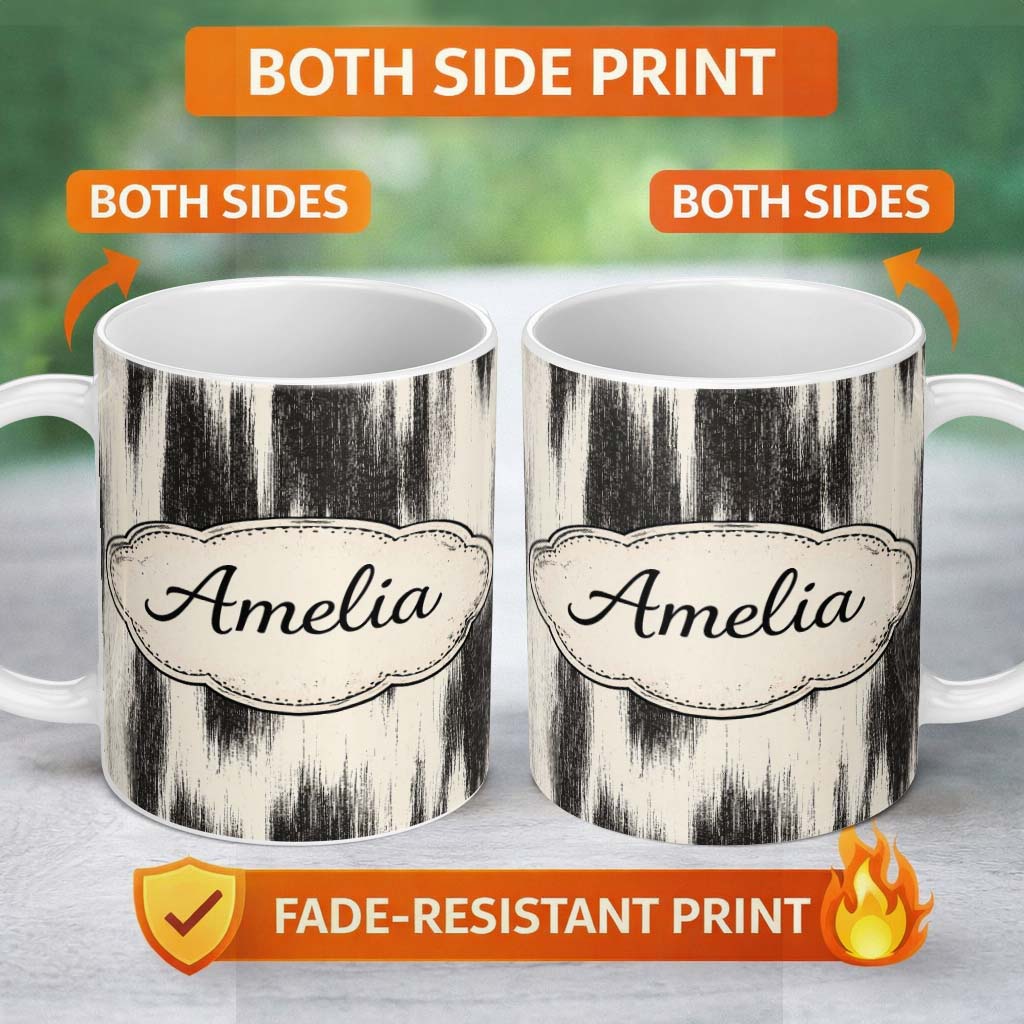 Personalized Custom Name Wavy Woodgrain Lines Black Cream Organic Texture Pattern Lovely 11oz Ceramic Coffee Tea Mug White Large Handle
