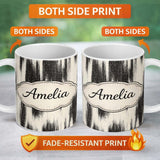 Personalized Custom Name Wavy Woodgrain Lines Black Cream Organic Texture Pattern Lovely 11oz Ceramic Coffee Tea Mug White Large Handle