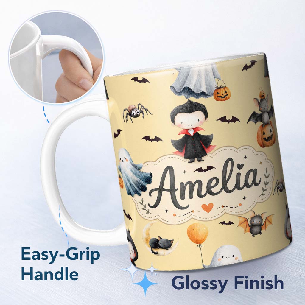 Personalized Custom Name Halloween Vampire Ghost Bats Spooky Characters Warm Yellow Seamless 11oz Ceramic Coffee Tea Mug White Large Handle