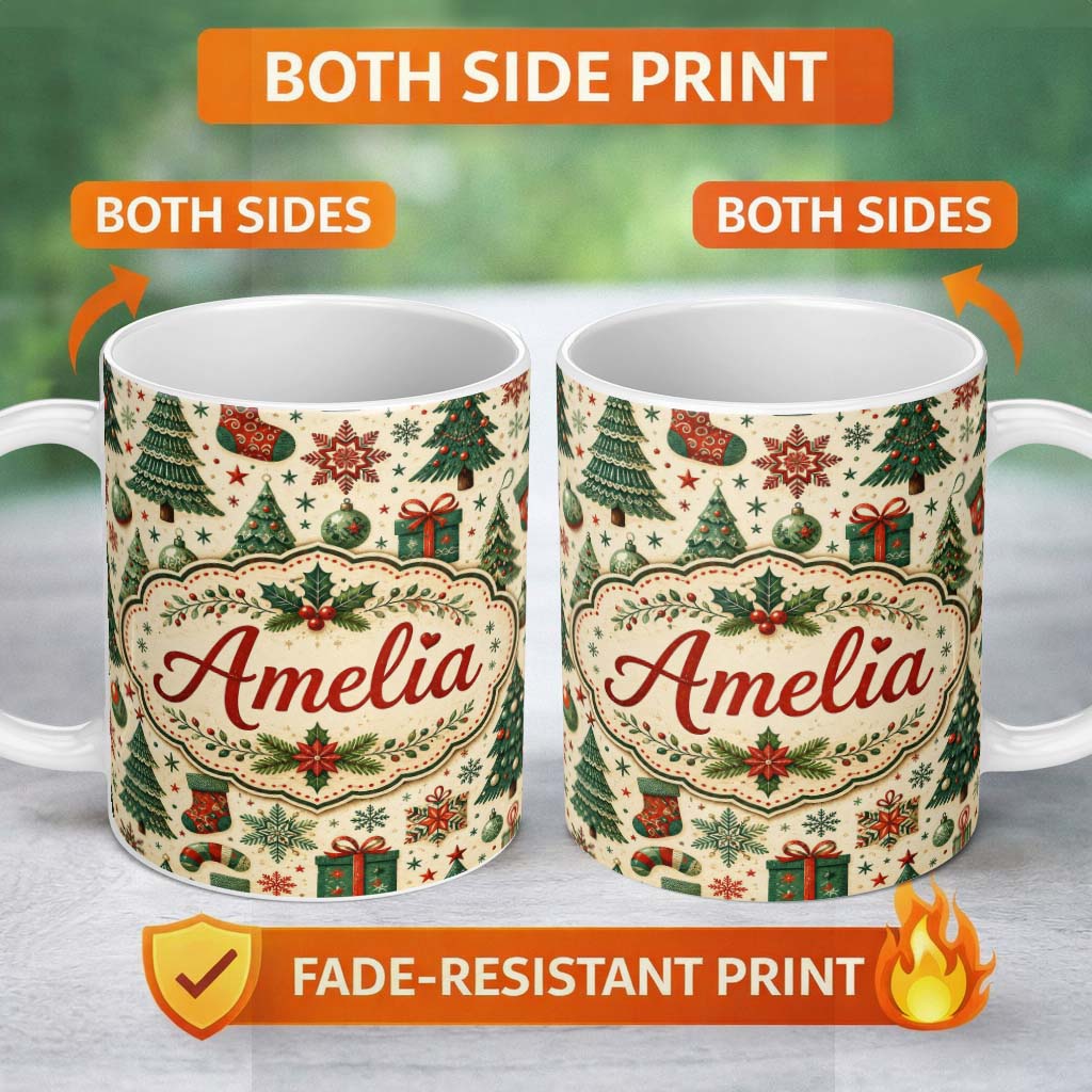 Personalized Custom Name Vintage Snowman Candy Cane Christmas Tree Cute Seamless Pattern 11oz Ceramic Coffee Tea Mug White Large Handle