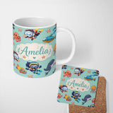 Personalized Custom Name Underwater with Scuba Divers Starfish and Whale on Seafoam Green 11oz Ceramic Coffee Tea Mug White Large Handle