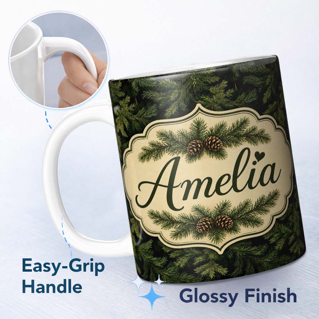 Personalized Custom Name Dark Evergreen Fir Branch Pattern with Dense Foliage on Black Lovely 11oz Ceramic Coffee Tea Mug White Large Handle