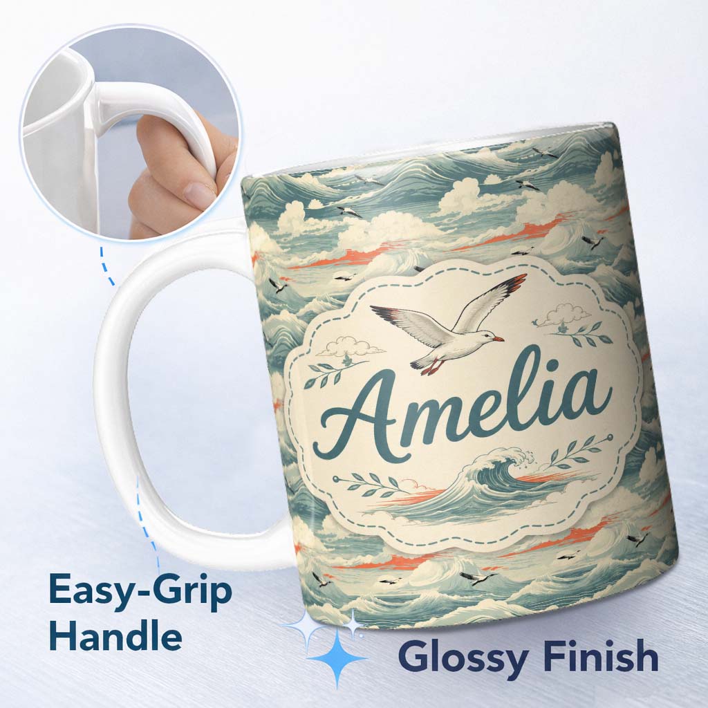 Personalized Custom Name Ocean Waves with Flying Seabirds Scenic Seamless Pattern Lovely 11oz Ceramic Coffee Tea Mug White Large Handle