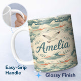 Personalized Custom Name Ocean Waves with Flying Seabirds Scenic Seamless Pattern Lovely 11oz Ceramic Coffee Tea Mug White Large Handle