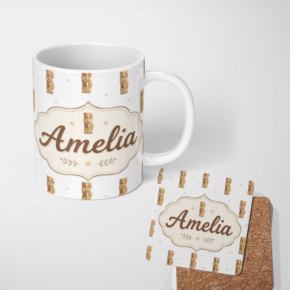 Personalized Custom Name Baby Wooden Alphabet Blocks Seamless Pattern on Soft Grey Lovely 11oz Ceramic Coffee Tea Mug White Large Handle
