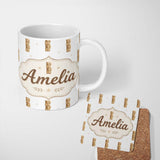 Personalized Custom Name Baby Wooden Alphabet Blocks Seamless Pattern on Soft Grey Lovely 11oz Ceramic Coffee Tea Mug White Large Handle