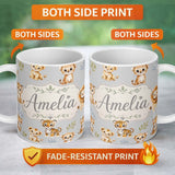 Personalized Custom Name Baby Safari Animals Leopard Tiger Lion on Soft Grey Seamless 11oz Ceramic Coffee Tea Mug White Large Handle