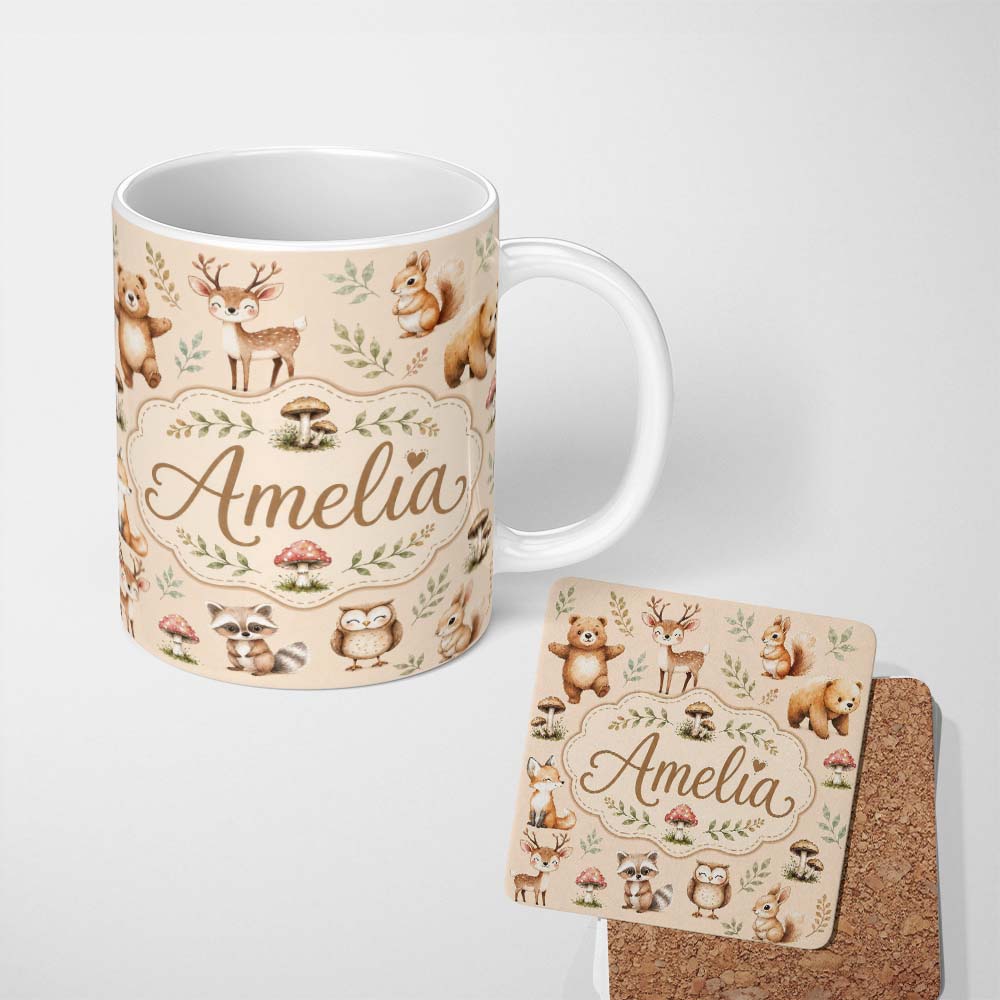 Personalized Custom Name Forest Animals Deer Bear Fox Owl Raccoon on Warm Beige Seamless 11oz Ceramic Coffee Tea Mug White Large Handle