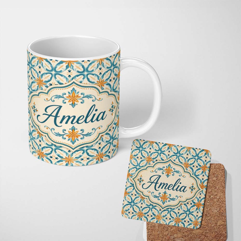 Personalized Custom Name Soft Blue and Yellow Vintage Scroll Tile Pattern with Ornate Floral 11oz Ceramic Coffee Tea Mug White Large Handle