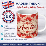 Personalized Custom Name Distressed Red Floral Block Print Texture Seamless Pattern Lovely 11oz Ceramic Coffee Tea Mug White Large Handle