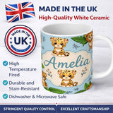 Personalized Custom Name Cute Jungle Animals Lion Tiger Leopard Tropical Leaves Pattern Blue 11oz Ceramic Coffee Tea Mug White Large Handle