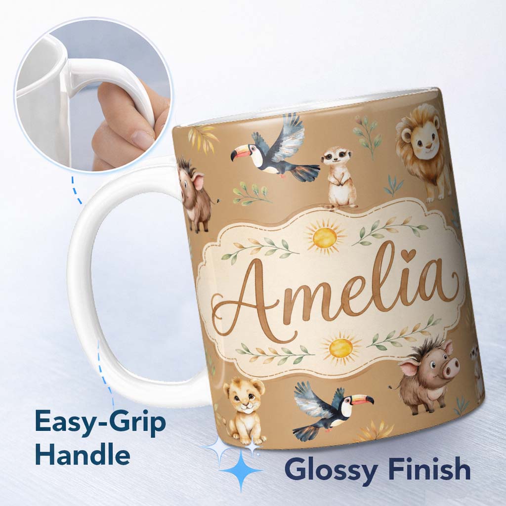 Personalized Custom Name Jungle Animals Lion Meerkat Toucan Boar on Brown Seamless Pattern 11oz Ceramic Coffee Tea Mug White Large Handle