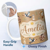 Personalized Custom Name Jungle Animals Lion Meerkat Toucan Boar on Brown Seamless Pattern 11oz Ceramic Coffee Tea Mug White Large Handle